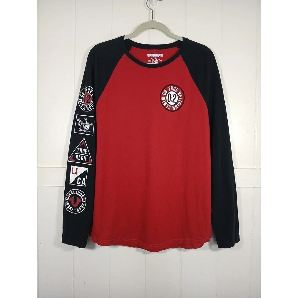 True Religion Raglan Shirt Logo Long Sleeve‎ Graphic Tee Men's Large Red Cotton